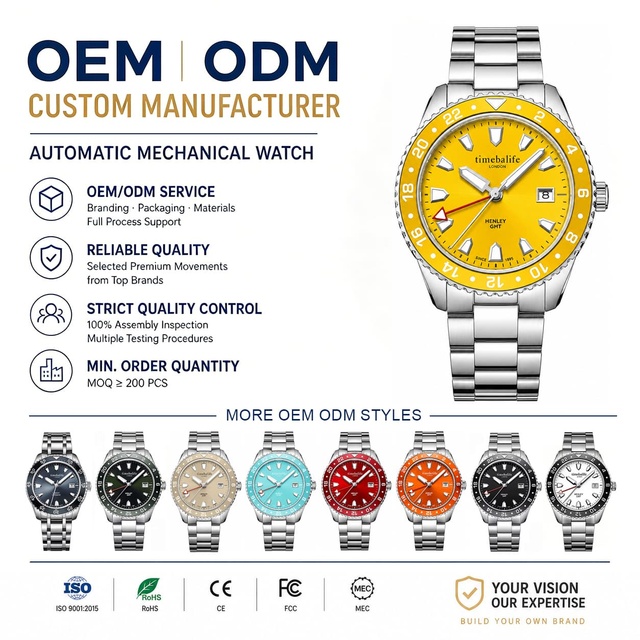 Custom OEM Automatic Mechanical GMT Watch Men Stainless Steel Bidirectional GMT Bezel Date Dial Sapphire Crystal
