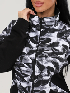 Hot bán của phụ nữ đen trắng trừu tượng in chắp vá hai mảnh thiết lập Zip Up Áo khoác & giản dị Quần thời trang dạo phố trang phục - Product Image 4