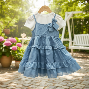 Vestido de Niña Estilo Coreano OZKIZ, Azul, en Capas, Moda al por Mayor para Niñas de 2 a 6 Años, Verano, Tela de Chifón con Volantes - Product Image 3