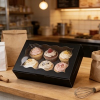 Boîtes en papier noir personnalisées avec fenêtres en plastique transparent, idéales pour l'emballage d'articles de boulangerie, de pâtisseries et de macarons