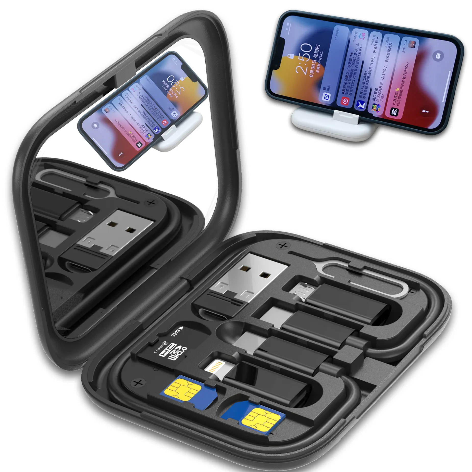 Multi Functional Travel 6 in 1 Storage Box with Mirror OTG Adapter Magnetic Charging Card USB Cable