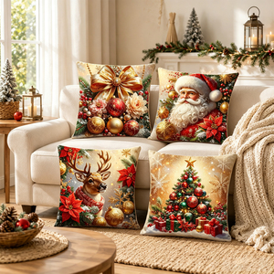 Wholesale Christmas 4Pcs Throw Pillow Covers Polyester Linen Texture Snowman Buffalo Plaid Printed Square Decor Cushion Covers - Product Image 1