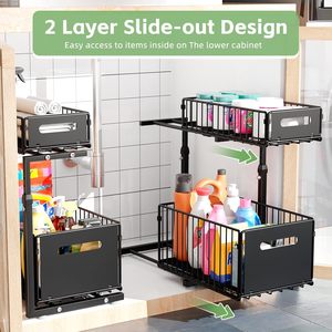 Lot de 2 étagères de rangement coulissantes ajustables en hauteur en forme de L à 2 niveaux pour sous évier, organisateur de cuisine, tiroir de rangement séparé, support pour épices - Product Image 5