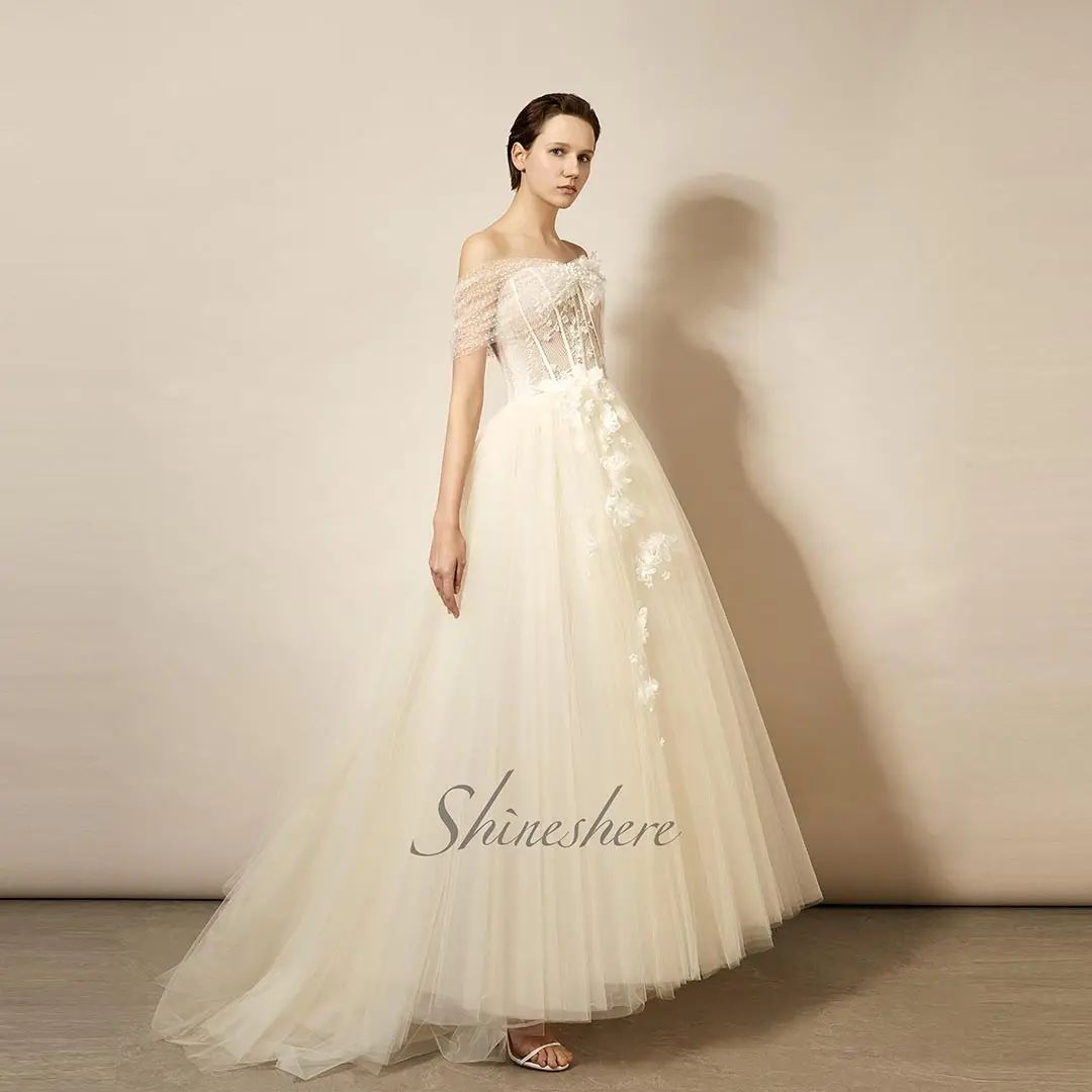 New design off shoulder flowers aline wedding dress fairy bridal gown