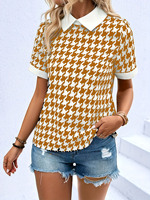 Hersteller OEM ODM Karriere Damen Turndown Kragen Jacquard Muster Strick hemd Sommer Slim Kurzarm Pullover