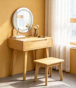 Scandinavian Solid Beech Makeup <b>Vanity</b> With <b>Lighted</b> <b>Mirror</b> And Storage Drawer For Bedroom - Product Image 1