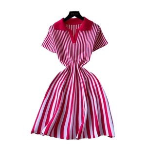 Robe moulante à manches courtes à rayures colorées printemps-automne, robe courte à volants plissés, pull en tricot pour femmes - Product Image 2