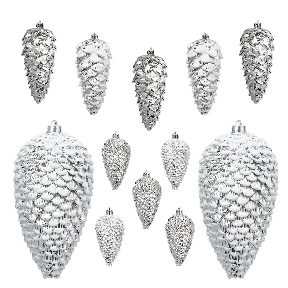 Christmas Decoration Artificial Pine Cones Xmas Tree Ornaments Glitter Shatterproof Silver Plastic Pine Cone Hanging Ornament