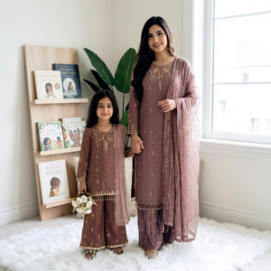 Mother Daughter Salwar Kameez Set Embroidered Indian Pakistani Outfit Lace Dupatta Party Wedding Wear - Product Image 1