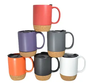Wholesale ceramic mugs with Cork bottom, Creative Ceramic Coffee Mug with Plastic lid as promotion gift