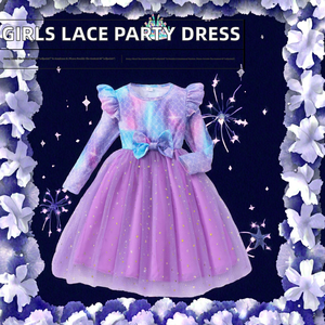 Nuevo Vestido de Fiesta para Niñas, Verano, Cuello Redondo, Manga Larga, Estilo Princesa, Línea A, Encaje con Flores, Ecológico, ODM, Poliéster, Largo hasta la Rodilla - Product Image 1