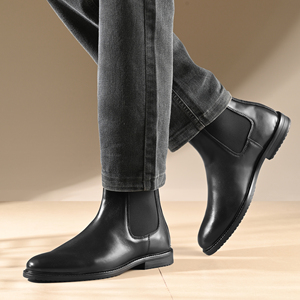 Premium Black Leather Chelsea <b>Boots</b> for Men SlipOn Ankle Footwear with Elastic Panels Pull Tab Low Heel for Formal Casual Wear - Product Image 2