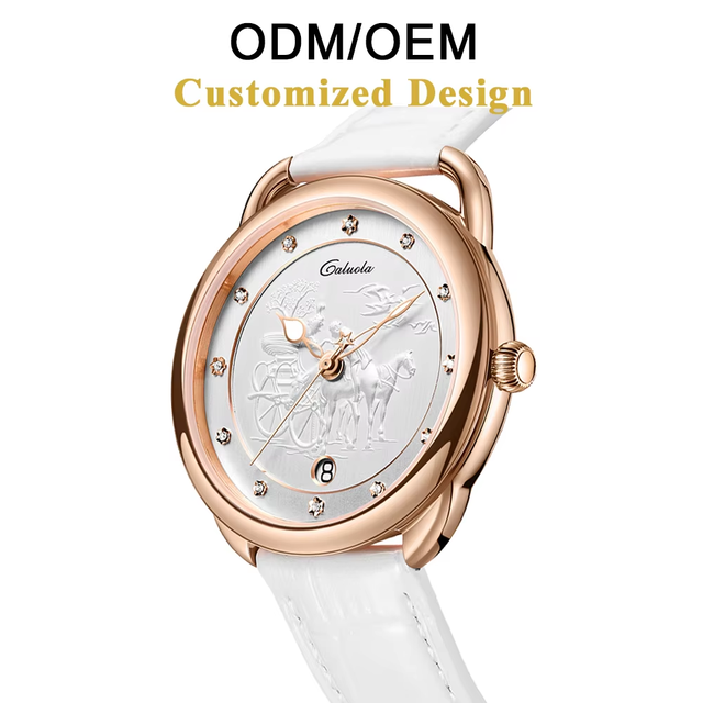 ODM/OEM Caluola Mechanical Watch 18mm Luxury Charm Calendar Analog Sapphire Crystal Stainless Steel Case Genuine Leather Band