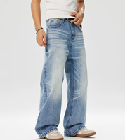 Pantalon long en denim bleu clair délavé, coupe droite, taille mi-haute, coupe en A, résistant, anti-poils de chat, poids moyen américain 14 oz, coupe ample