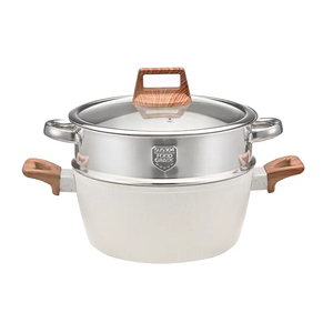 جملة طقم أواني طهي 12 قطعة جرانيت أبيض غير لاصق بمقبض خشبي وهيكل معدني، جاهز للحث مع أغطية زجاجية - Product Image 5