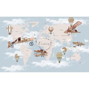 3D漫画世界地図熱気球飛行機子供部屋背景壁紙 - Product Image 5