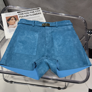 Shorts d'été en cuir de mouton véritable pour femmes, shorts en daim turquoise - Product Image 1