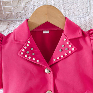 Kız Çocuk Yazlık Elbise Düz Renk Takım Yaka Boncuklu Ceket + File Dantel Etek Seti Tatlı Stil Kamgarn Kumaş - Product Image 4