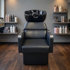 Unidad de Lavacabezas para Salón de Belleza con Lavabo Inclinable de Cerámica Negra y Asiento Ajustable, Cama para Lavado de Cabello - Product Image 2