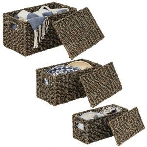 装饰性波西米亚风格扁平篮方形储物面包盒套装麦草<span class=keywords><strong>3</strong></span>节柳条篮独立式衣物收纳篮 - Product Image 4