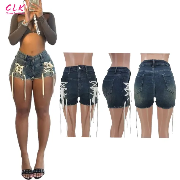 Aangepaste Bandage Elasticiteit Denim Shorts Vrouwen Hoge Taille Knoop Veters Jean Mode Matching Cowboy Bottoms Voor Vrouwen