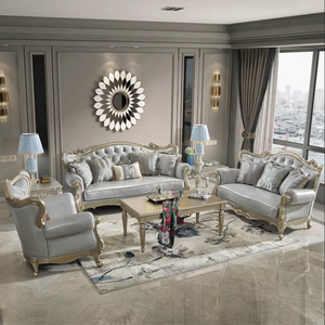 Sofá de Cuero Europeo Clásico Tallado en Madera, Muebles de <span class=keywords><strong>Sala</strong></span> de Estar de Madera Maciza Francesa de Lujo, Combinación 1+2+3, Gran Venta - Product Image 1
