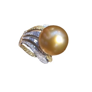 Bague en argent naturel S925 avec perles rondes de 13-14 mm, forte luminosité avec légers défauts, design de robinet incrusté de perles dorées riches - Product Image 5