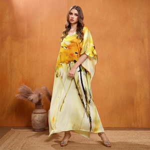 Wholesale Designer Turkish Style <b>Kaftan</b> Kurta Women Polyester Handmade Batwing Sleeves V Neck Regular Fit Flared Hem Midi Short - Product Image 1