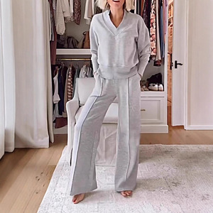 Ensemble décontracté pour femmes, sweat-shirt à manches longues et col en v, pantalon de couleur unie, Smlxl2xl3xl4xl5xl, Europe, Amérique, Asie du Sud-Est - Product Image 4