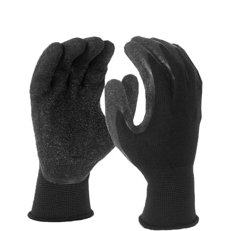 Sarung tangan kerja keselamatan berlapis karet Crinkle untuk berkebun, konstruksi, gudang, lapisan lateks poliester hitam, sarung tangan Luvas