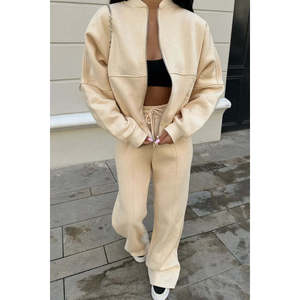 Ensemble streetwear confortable avec fermeture éclair, design personnalisé, respirant, coupe-vent, pour grandes tailles, imprimé, pour la gym, hiver, couleur crème - Product Image 2