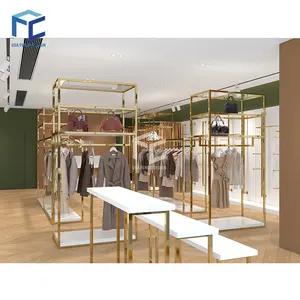 Wholesale Custom Retail Store Clothes Rack Fashion Garments Shop Interior Design Golden Clothing Shop Shelves Design