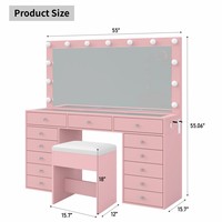 Grande coiffeuse antique pour femme avec plateau en verre, éclairage et miroir LED, ensemble de coiffeuse de luxe en cristal rose