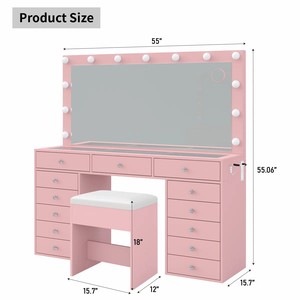 Tavolo da Trucco Antico con Piano in Vetro, Specchio LED e Luci, Set di Lusso in Cristallo Rosa - Product Image 4