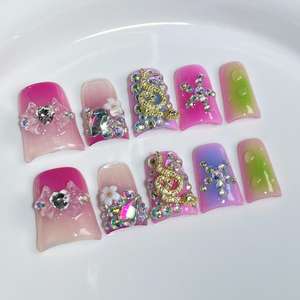 <span class=keywords><strong>Faux</strong></span> <span class=keywords><strong>ongles</strong></span> en acrylique courts carrés de style français 3D de luxe, faits à la main, à presser, avec <span class=keywords><strong>colle</strong></span>, 10 pièces - Product Image 2