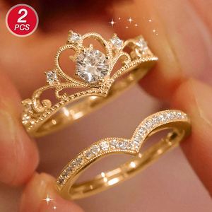 Platinum Plated Luxury Crown Zircon Stacked <b>Ring</b> 2pcs/set for Women Mirco Pave Sparkling Bling Zirconium <b>Diamond</b> <b>Ring</b> for Women - Product Image 2