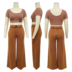 Ensemble pantalon d'été décontracté deux pièces stretch rétro avec col en <span class=keywords><strong>U</strong></span>, haut court, t-shirt et pantalon taille haute à jambes larges - Product Image 6