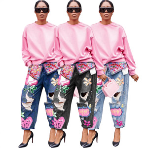 Think 2025 Novedad Jeans de Mezclilla para Mujer con Estampado Gráfico Elegante Rasgados <span class=keywords><strong>y</strong></span> Pedrería con Diseño Vanguardista <span class=keywords><strong>y</strong></span> Glamuroso - Product Image 2