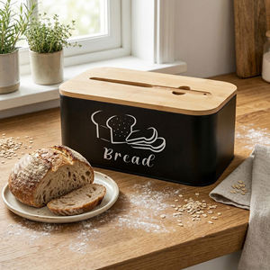 Caja de Pan Negra con Tapa de Bambú, Tabla de Cortar y Cuchillo Dentado, Contenedor de Pan Metálico para la Encimera de la Cocina, Pequeño Contenedor para Guardar Pan - Product Image 1