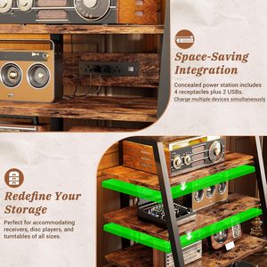 Meuble TV 5 niveaux en bois pour salon avec multiprises, éclairage LED, étagères réglables, support audio robuste et présentoir stéréo - Product Image 4