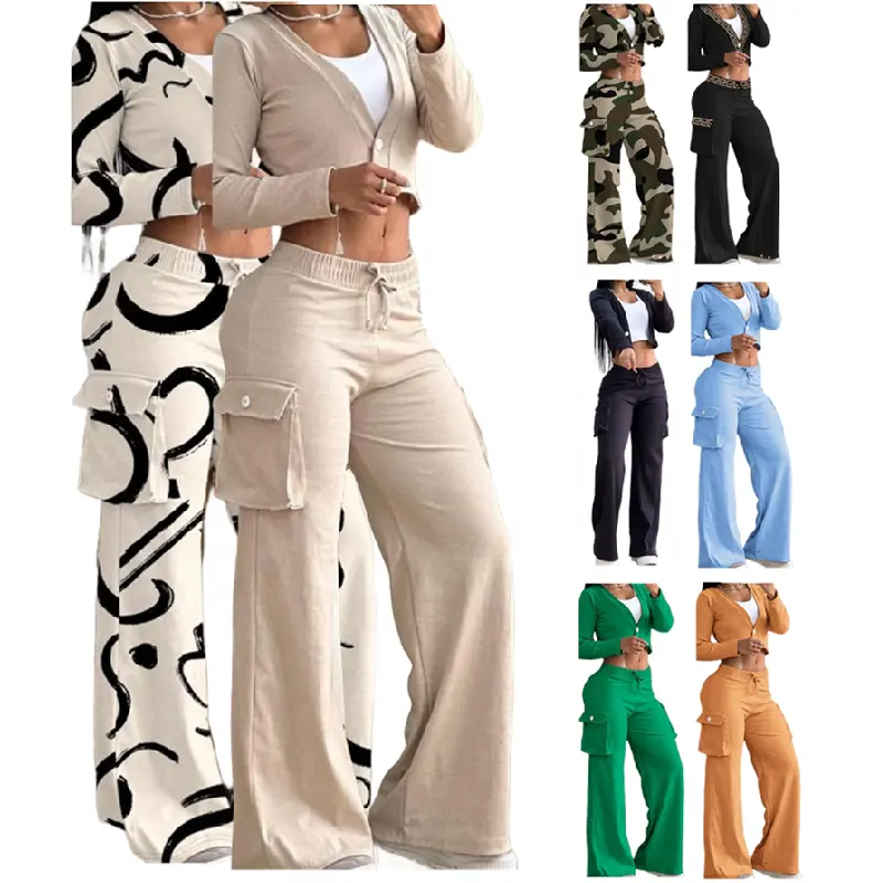 C1210 Tweedelige Set Dameskleding Patchwork Wijde Pijpen Broek En Lange Mouwen Korte Top Outfits Voor Dames Broek Set Met Zak