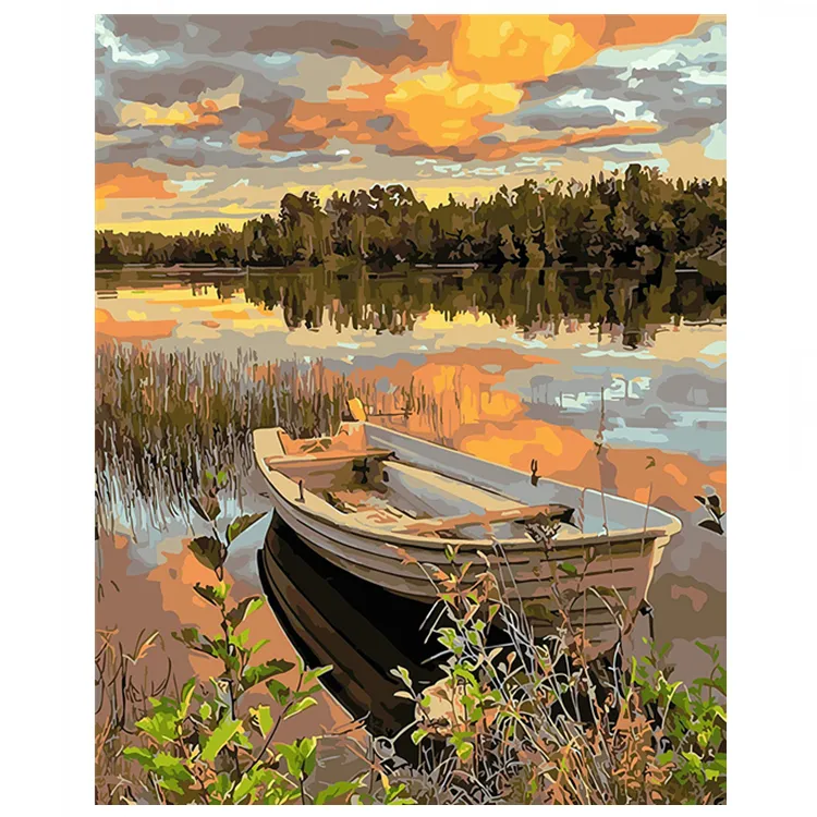 DIY Painting by Numbers Canvas Acrylic Oil Painting, Lakeside Boat DIY Paint by Numbers Kits For Adults