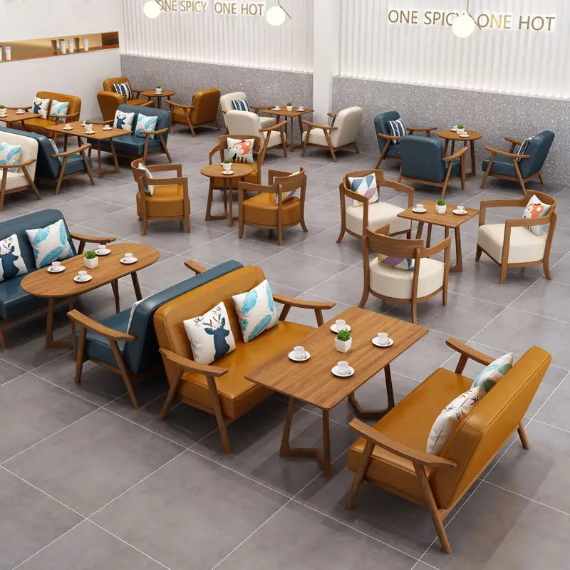 Mesa e cadeiras para cafeteria, sofás de lazer, mesas de jantar de madeira maciça, combinação de móveis para restaurantes