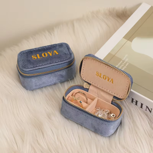 EleQeen EQ003 <b>Mini</b> Square Simple Embossed Custom Logo Portable Travel Jewelry <b>Storage</b> <b>Box</b> Velvet Lining Zipper Closure for Rings - Product Image 6