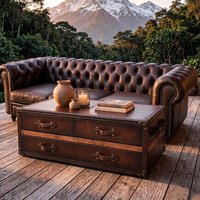 Table basse coffre en cuir pleine fleur marron antique avec 3 tiroirs de rangement, durable pour salon et maison
