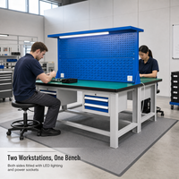 Banc de travail antistatique double face, structure en acier robuste avec panneau perforé partagé, éclairage LED, prises électriques, tiroirs à outils
