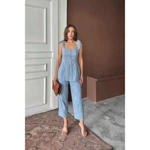 Conjunto de Blusa con Tirantes y Pantalones de Lino Shantuk Azul para Mujer, Talla S - Product Image 2