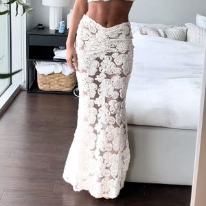 Jupe longue sirène en maille transparente à motifs floraux 3D, style tendance pour les vacances, jupe moulante ajustée mi-longue - Product Image 1