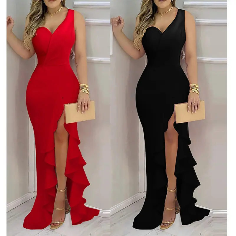 2022 Happy New Year Wholesale Ladies One Shoulder Women Evening Party Dresses Maxi Dress