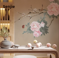Nouveau papier peint mural sans couture en soie, motif pivoine et oiseaux, style classique chinois, imperméable et anti-moisissure, peint à la main, pour la maison et les espaces de divertissement